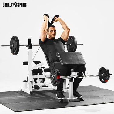 Силова лава GORILLA SPORTS - вкл. комплект штанг 100 кг, місце для зберігання, станція для віджимань, накладка для згинання рук, згинання ніг, режим &quotметелик&quot, тяга до найширшого хвата, регульована, чорно-біла - Багатофункціональна тренувальна лав