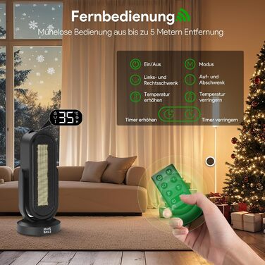 Енергозберігаючий вентилятор-обігрівач Minthouz, керамічний вентилятор-обігрівач потужністю 1500 Вт з PTC, 4-позиційним коливанням та дистанційним керуванням, екотермостат, 8-годинний таймер, захист від перегріву та перекидання, тихий для вітальні, спальн