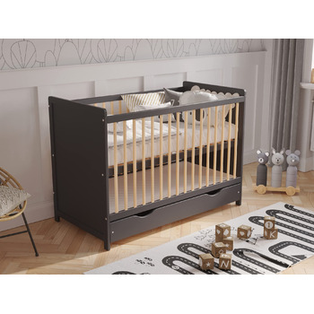 Дитяче ліжечко/спальне місце Love For Sleep 120x60 см з поролоновим матрацом та стьобаним чохлом, антрацитово-соснова дитяче ліжко Tokyo, дерев&39яне дитяче ліжко - трансформоване дитяче ліжко, антрацит/сосна