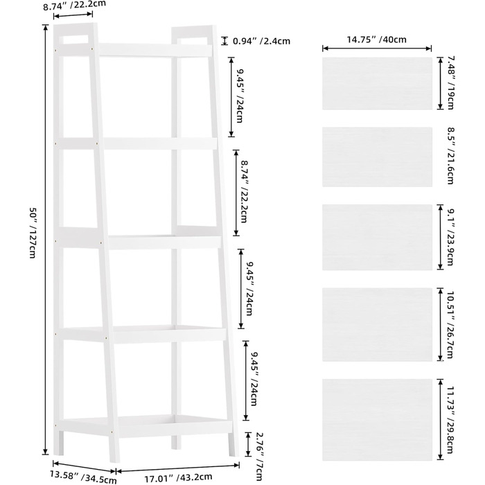 Бамбукова книжкова полиця SMIBUY з драбиною, органайзер для полиць у ванній кімнаті, окремостояча підставка для рослин, компактні полиці для спальні, кухні, балкону (біла, 5 полиць (127 см заввишки)) Біла 5 полиць (127 см заввишки)