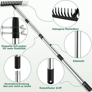 Гартований садовий грабель з ручкою, металевий грабель з 14 зубцями для розпушування ґрунту та вирівнювання газону, садовий інструмент, міцний грабель для листя з нержавіючою ручкою