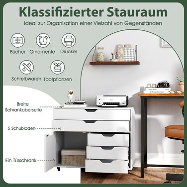 Контейнер на колесах COSTWAY з 5 шухлядами та шафою, мобільна шафа для документів на колесах, шафа з шухлядами та робочою поверхнею, дерев&39яний офісний контейнер на колесах для дому та офісу, білий 77,5 x 40 x 64 см