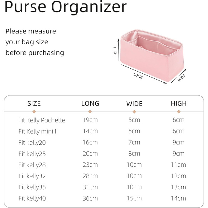 Організатор для сумок ZYZii, Організатор для сумок преміум-класу з шовку Perfect Fit Kelly Pochette/Mini/20/25/28/32/35/40, Розкіш