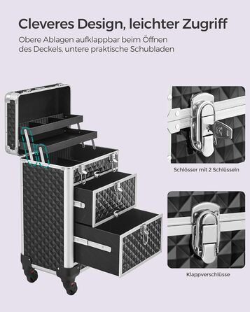 Візок для косметики, пенал для макіяжу 2 ящики, великий пенал для перукаря, пенал для макіяжу, 34 x 24 x 56 см, колеса обертаються