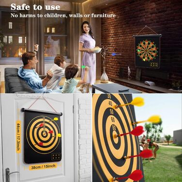 Магнітна мішень для дартсу LiRiQi для дітей з 12 безпечними дротиками, ігри для приміщень та вулиці для дітей/дорослих, двостороння мішень для дозвілля та спорту, подарунки для дітей 4-12 років, 38 см, 2 гачки