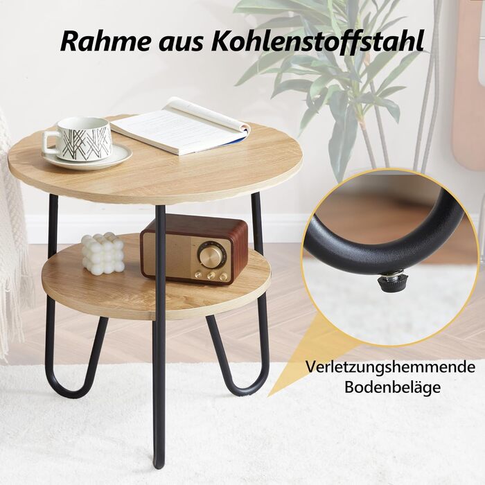 Круглий журнальний столик Mingone, бічний столик з 2 полицями, сучасний диванний столик з місцем для зберігання, маленький столик для вітальні, спальні, балкону, кольору дерева