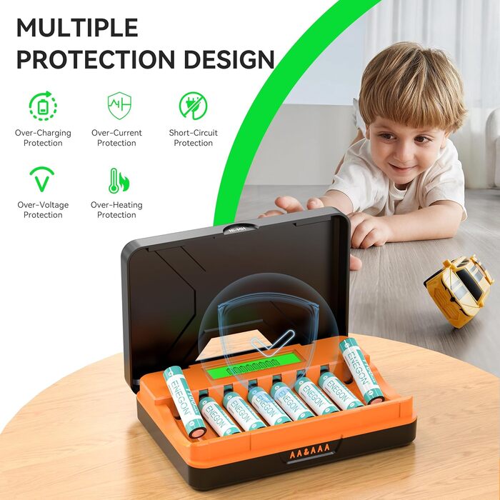 Швидкий зарядний пристрій ENEGON на 8 відсіків для батарейок AA/AAA з РК-дисплеєм 8 акумуляторних нікель-металгідридних батарейок AAA (1100 мАг), зарядна станція USB-C з відділенням для зберігання для пультів дистанційного керування, термометрів та електр