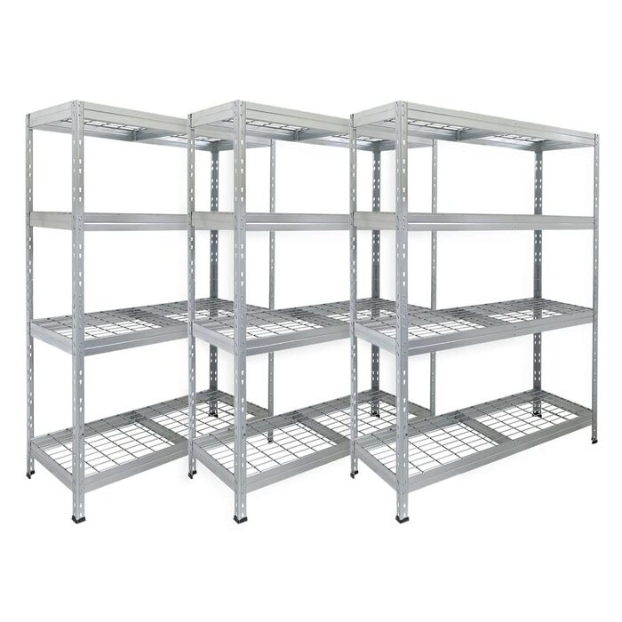 Посилений стелаж Rivet, комплект з 3 шт. , зі сталевими сітчастими полицями, 180 x 120 x 45 см (В x Ш x Г), вантажопідйомність 250 кг на полицю, оцинкований. Безболтовий стелаж, металевий стелаж, стелаж для підвалу, стелаж для зберігання, стелаж для майст