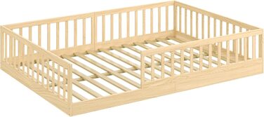 Дитяче ліжко CADANI Timi 140x200 см, підлогове ліжко, знімні захисні поручні, вантажопідйомність до 200 кг, висувна рейкова основа, ліжко Монтессорі з масиву сосни, 3 варіанти складання, трансформоване, натуральний колір 140 x 200 см