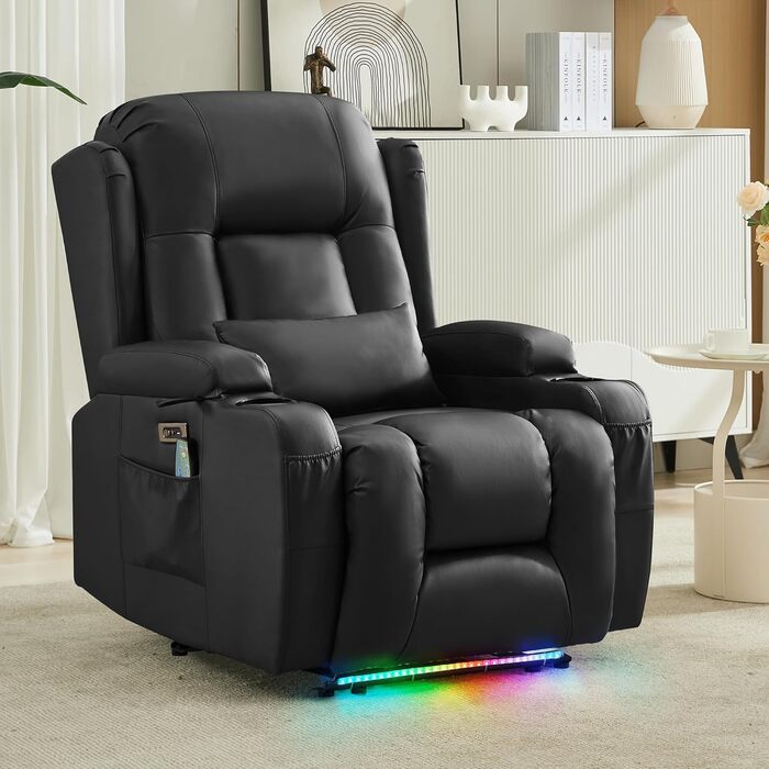 Крісло для телевізора з розкладним підйомником, масажне крісло з електрорегулюванням, функцією відкидання та підставкою для ніг, крісло для телевізора зі штучної шкіри з функцією підігріву, крісло для кінотеатру зі світлодіодним підсвічуванням/USB для віт