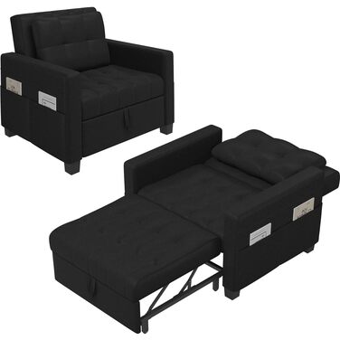 Крісло-ліжко Yaheetech з функцією ліжка 3-в-1, розкладний диван-ліжко, трансформоване крісло-ліжко, регульоване одномісне крісло з бічною кишенею, спальна зона 190 x 71,5 см, для невеликих приміщень, чорний колір