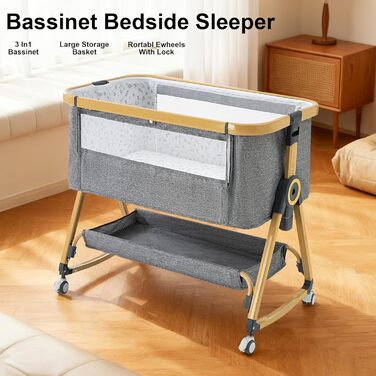 Портативне дитяче ліжко YAZOCO 3-в-1 з дихаючою сіткою та простирадлом, регульованою колискою з кошиком для зберігання (висока версія, сірий колір)