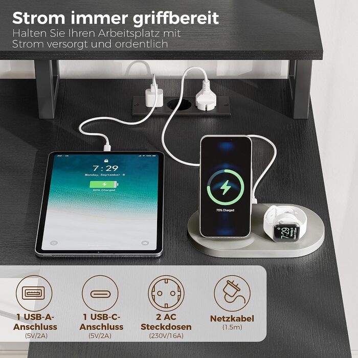 Ігровий Г-подібний стіл IRONCK з LED-підсвіткою та розетками (2AC1USB1C), 189x100 см, кутовий комп'ютерний стіл з 6 шухлядами та підставкою для монітора, реверсивний стіл для дому та офісу, чорний