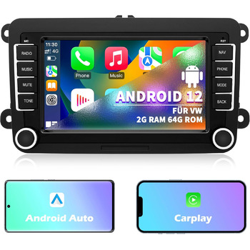 Автомагнітола для VW Passat Golf Polo Caddy Bettle Touran Tiguan Jetta Seat Skoda, система Android 12 2G64G, 7-дюймовий сенсорний екран Carplay Android Auto GPS Navi WiFi Bluetooth FM RDS радіо