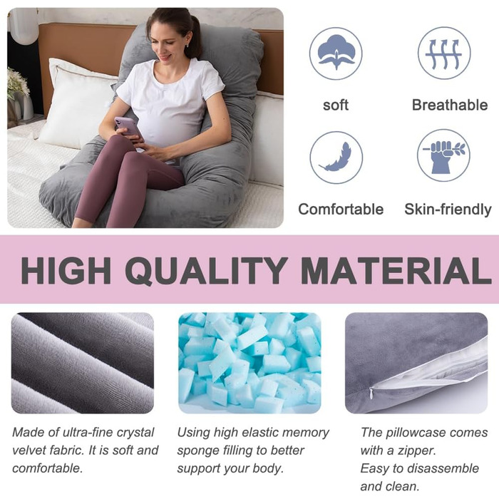 Подушка для вагітних з подрібненого пінного матеріалу з ефектом пам&39яті для сну, подушка для вагітних, підтримка живота, U-подібна форма на все тіло (пінний матеріал з ефектом пам&39яті, сірий) Сірий пінний матеріал з ефектом пам&39яті
