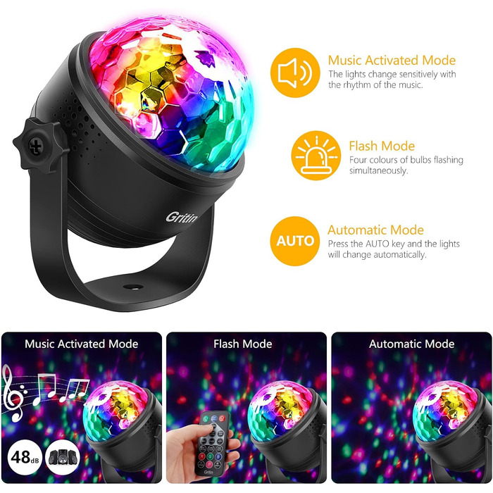 Диско-куля, обертова музика Gritin на 360 Світлодіодний світильник для вечірки Диско-світло з дистанційним керуванням - динамічні