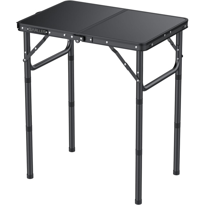 Складаний кемпінговий стіл GARLLEN, 58x40 см та 3 регульовані висоти (26/48/70 см), портативний бічний столик, стіл для барбекю, садовий стіл, стіл для пікніка для кемпінгу, пікніків та використання в саду (чорний) Чорний 58 x 40 x 26/48/70 см