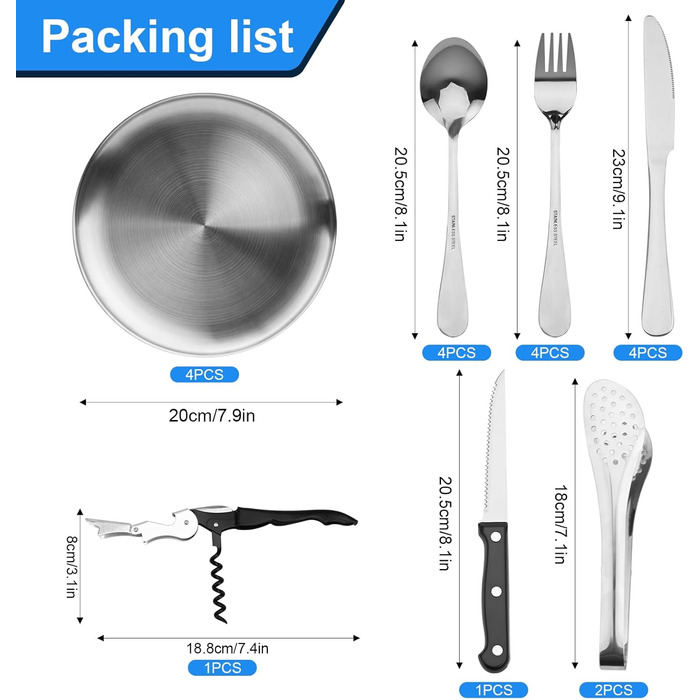 Набір столових приборів з нержавіючої сталі для кемпінгу на 4 особи, набір посуду для пікніка з 20 предметів з ложкою, виделкою, ножем, тарілкою, затискачем та відкривачкою для пляшок - Портативний набір столових приборів для кемпінгу та пікніків (Срібний