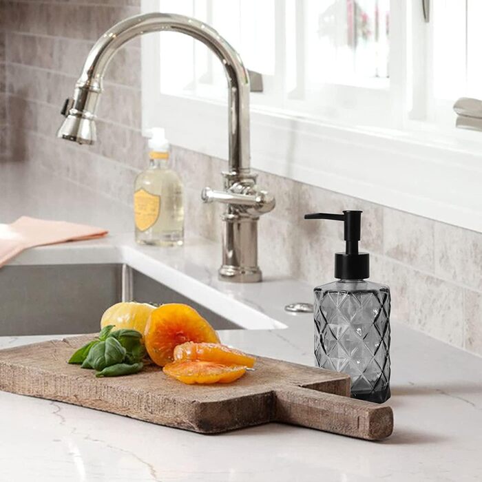 Дозатор мила Topsky 330 мл скляний, для ванної, пластиковий насос, для рідини для миття посуду, рідкого мила (чорний)