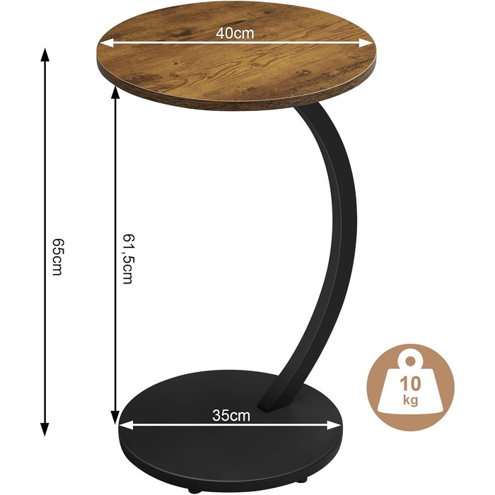 Журнальний столик WOLTU C-подібної форми, круглий журнальний столик, столик для дивана, маленький столик для дивана, ліжка, з металевим каркасом та стільницею з МДФ, індустріальний стиль, 40 x В 65 см, вінтажний вигляд дерева, BTS21hov