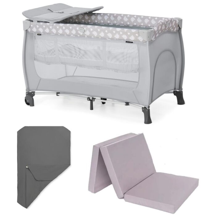 Дитяче ліжечко-дорожнє ліжечко hauck Sleep N Play Center з вкладишем для новонароджених, пеленальний килимок, матрац та простирадло на ремені Дитяче ліжечко-дорожнє, маленьке, складне, від народження до 15 кг - колір Teddy Grey