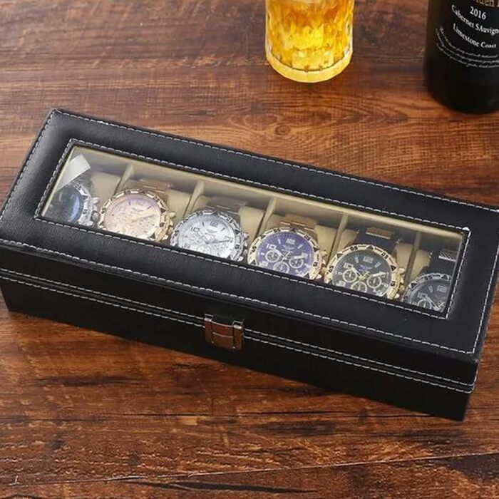 Звичайний чохол для годинника шкіра штучна, 30 x 11 x 8 см Водонепроникний чоловічий органайзер із 6 відділеннями, мяка підкладка, знімна подушечка для годинника, дорожній чохол