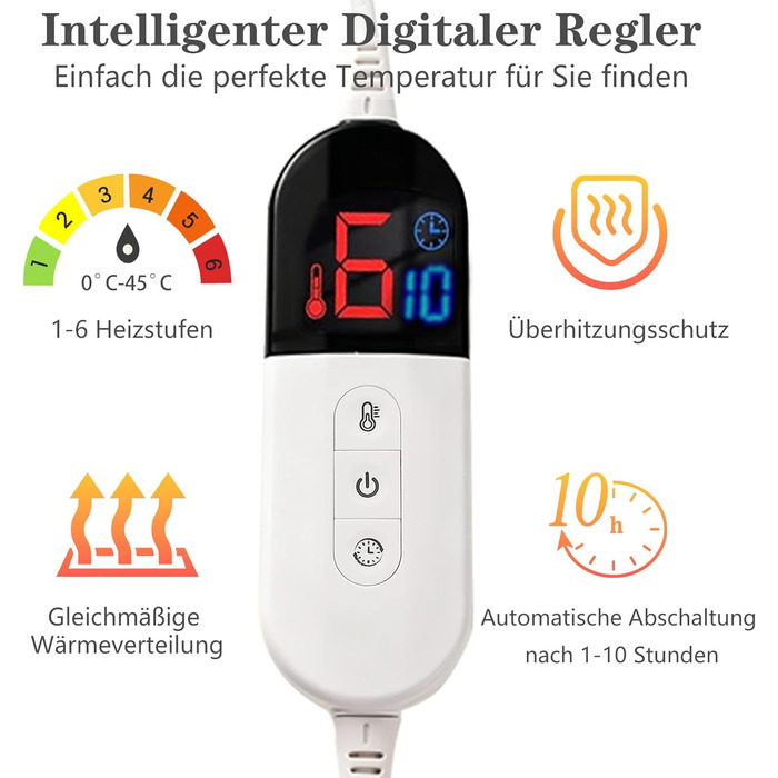 Електрична ковдра з автоматичним вимкненням, 130x180 см Фланель, 6 режимів нагріву та 10-годинний таймер вимкнення, захист від перегріву, можна прати в пральній машині, сіра, 130 x 180 см