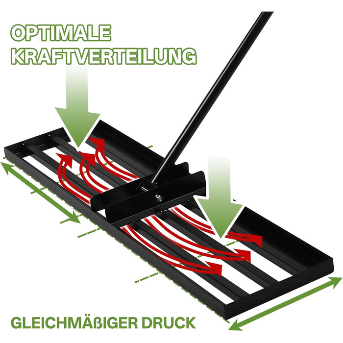 Граблі-рівняч для газону з нержавіючої сталі, з покращеним різьбовим зєднанням для запобігання розхитуванню, з ергономічною регульованою ручкою 2м, для вирівнювання ґрунту, землі, догляду за газоном та ландшафтного дизайну 45x25см