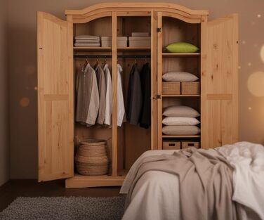 Шафа для спальні Dynamic24 3-дверна шафа New Mexico Ш152xВ193xГ54 см Масив сосни натурального кольору Комод Шафа Багатоцільова шафа Відкрита шафа Коричнева