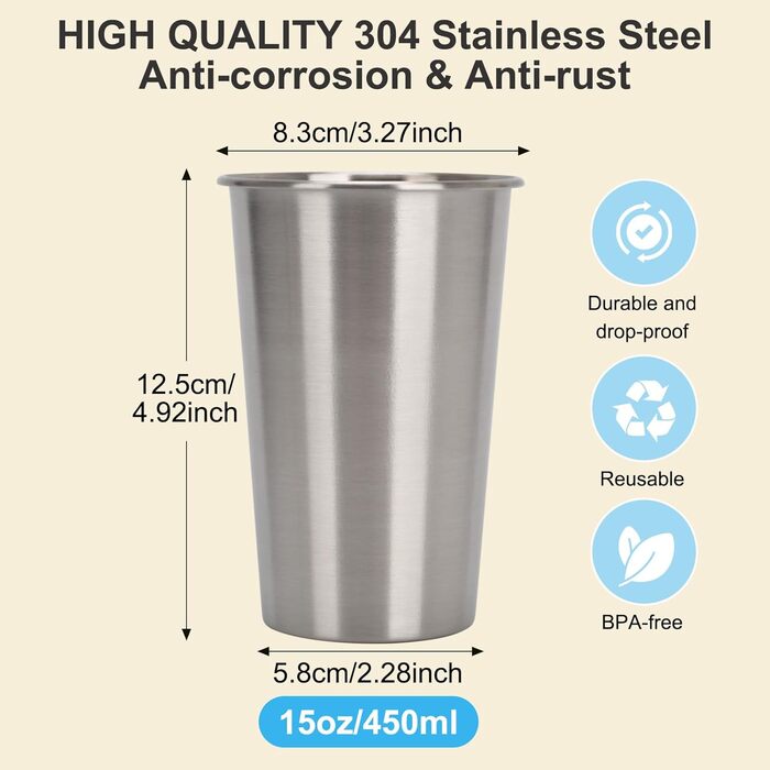 Набір кухлів з нержавіючої сталі, металеві склянки для пиття, 10 предметів багаторазових стаканчиків для води, портативний набір посуду для кемпінгу, подорожей, дому та ресторану (16 унцій/450 мл)