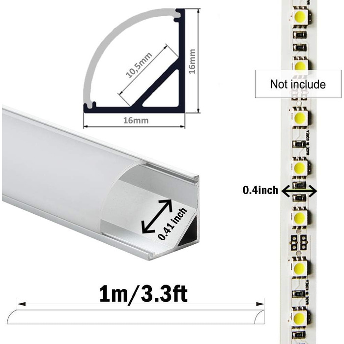 Профіль LED Alu 45 - 6x100 см Світлодіодний алюмінієвий профіль для світлодіодних стрічок/стрічок з білою молочною кришкою, торцевими кришками та монтажним кронштейном V6*1 м