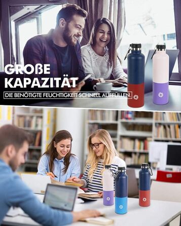 Пляшка для води FEIJIAN з нержавіючої сталі 1 л з карабіном - герметична термос для газованих напоїв, кави, чаю, без BPA, спортивна та туристична пляшка для води з газованими напоями, для університету, школи, кемпінгу, велоспорту, синьо-червона, 1000 мл