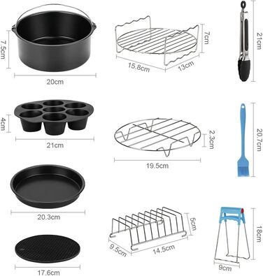 Набір аксесуарів для фритюрниці, набір аксесуарів для фритюрниці 8 дюймів 13 шт. для фритюрниць 3.8-5.5 л з рецептами, чашки для тортів з антипригарним покриттям, лоток для піци, силіконовий вкладиш для сковороди, форми для мафінів тощо.