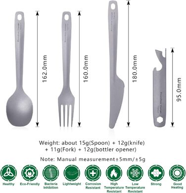 Набір титанових ножів, виделок, ложок та відкривачок для пляшок iBasingo, легкі столові прибори для використання на відкритому повітрі, набір столових приборів для кемпінгу, багаторазовий посуд, міцний, стійкий до іржі, портативний дорожній посуд Ti1066T