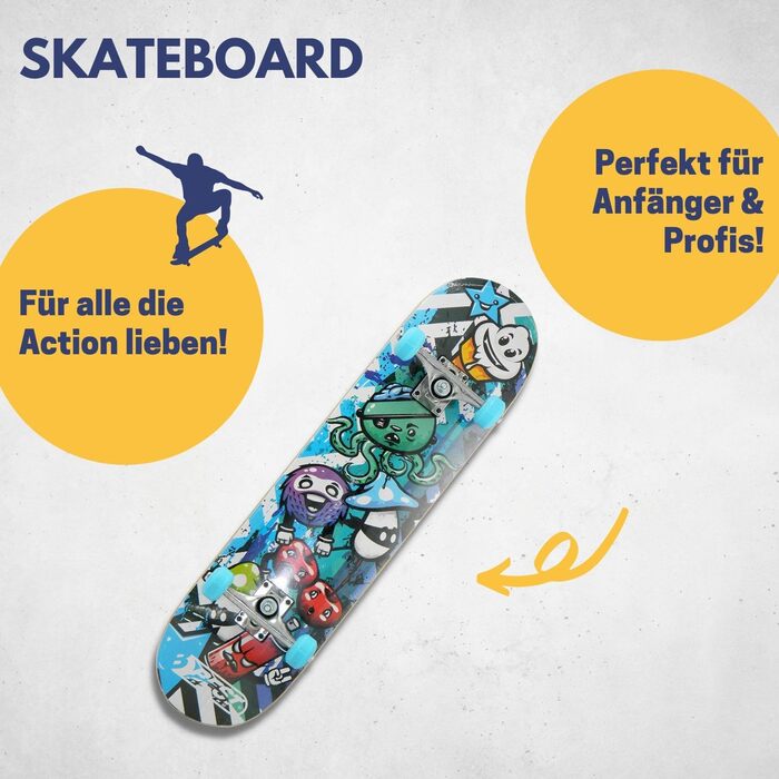 Скейтборд A3 Kid Octopus - найкращий спортивний скейтборд для дітей від 7 років, нековзка 7-шарова кленова дека, ABEC 3 підшипники, алюмінієва вісь, вантажопідйомність 100 кг, Octopus Blue дизайн