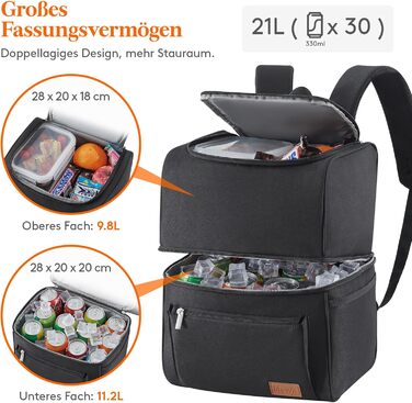 Ізольована сумка-холодильник Lifewit 21L 30 Can, термосумка для обіду, рюкзак-холодильник, герметична двоповерхова сумка-холодильник для чоловіків, жінок, мам для обіду, пікніка, покупок, подорожей, чорна