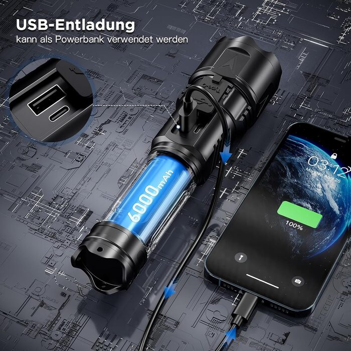 Надзвичайно яскравий світлодіодний ліхтарик Esgofo 500000 люмен USB C, перезаряджуваний, яскравий багатофункціональний тактичний ліхтар, перезаряджуваний потужний світлодіодний ліхтарик Довговічний ліхтарик Факел