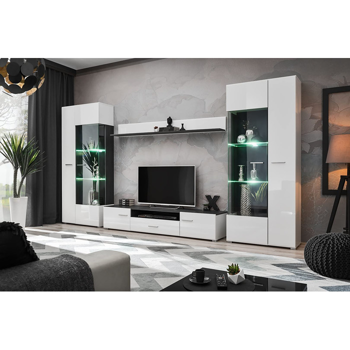 Модульна настінна шафа для вітальні SOLIDO Twin, стінка під телевізор, білий глянець