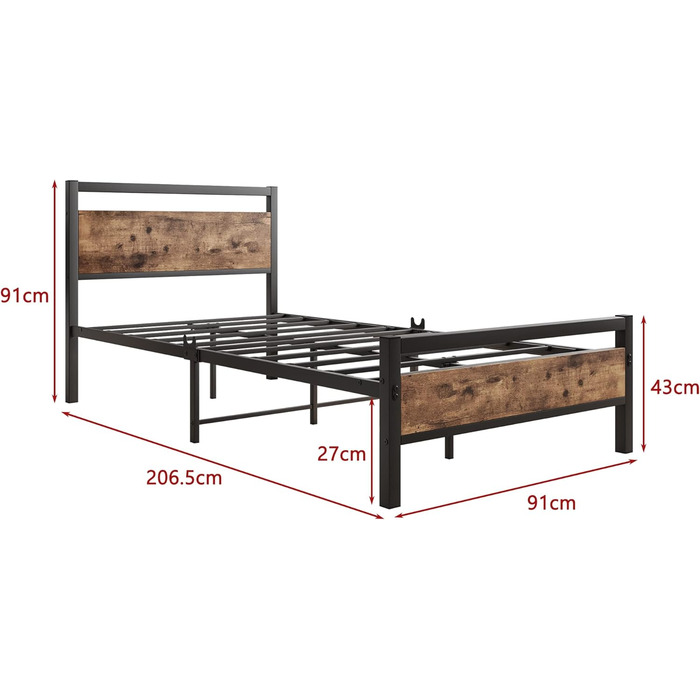 Ліжковий каркас HOJINLINERO Дерев'яне металеве ліжко 90x200 Металевий каркас ліжка з решітчастою рамою, металеве ліжко Vintage Bro