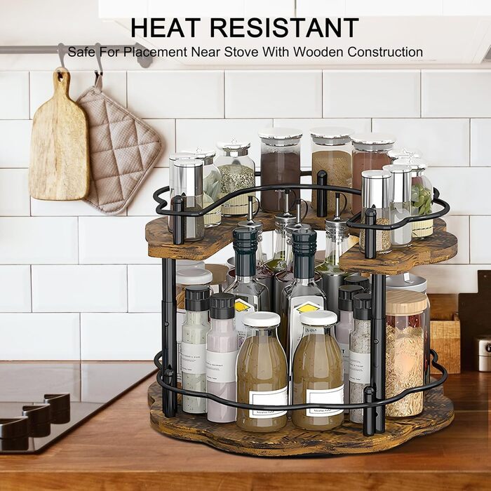 Підставка для спецій, обертовий органайзер для кухонної полиці, 2-рівнева, дерев&39яна підставка для спецій, стояча, підставка для спецій на кухонній стільниці, обертова кутова полиця &quotlazy Susan&quot, 3 регульовані по висоті для кухонної стільниці та