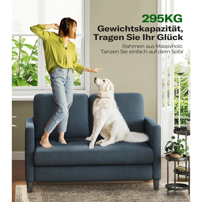 Невеликий 2-місний диван, міні-диван 130 см, затишний маленький диван для кімнати підлітка, складання міні-диванів без інструментів, 2-місні дивани та кушетки з масиву дерева, маленькі дивани для вітальні, синій/сірий, 130 см