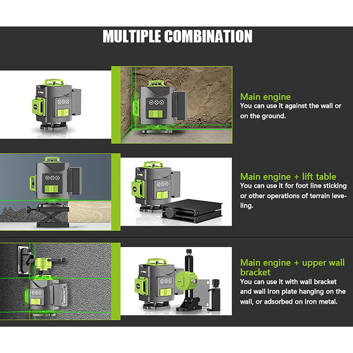 Поперечний лазер Лінійний лазер Самовирівнюючий лазер Лазерний рівень Лазерний рівень Будівельний лазер Поперечний лазер Нівелір 4D Зелений 16 ліній 4 x 360 з 2 * 4800mAh акумуляторами Лазерні вимірювальні прилади та аксесуари