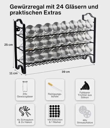 Підставка для спецій Deco haus, настінна та настінна З БАНКАМИ ДЛЯ СПЕЦІЙ ТА ЕТИКЕТКАМИ - Органайзер для спецій - Підставка для спецій - Підвісна система підставок для спецій - Зберігання спецій - Банки для спецій з полицею, чорний колір - Набір з 24 шт.
