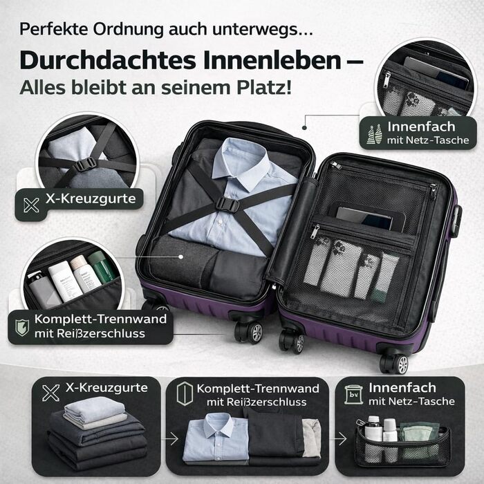 Велика валіза POSH з ABS-пластику - внутрішній об&39єм 100 л - легка валіза з твердою оболонкою 3,7 кг, 75x50x30 см - дорожня валіза з кодовим замком - колеса, що плавно обертаються на 360 - для поїздок на 10-14 днів, фіолетовий XL - великий