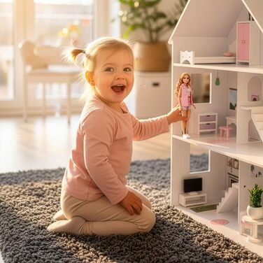 Дерев&39яний ляльковий будиночок Барбі, великий 118 см Kinderplay 3-поверховий ляльковий будиночок для дітей з меблями, світлодіодними лампами, наклейками та аксесуарами сучасний дерев&39яний ігровий будиночок, подарунок для дітей віком від 3 років, білий