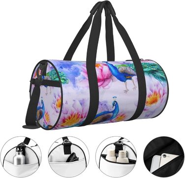 Спортивна сумка для подорожей, стильна з принтом павича та лотоса, дорожня сумка на ніч, чорна, універсальний розмір
