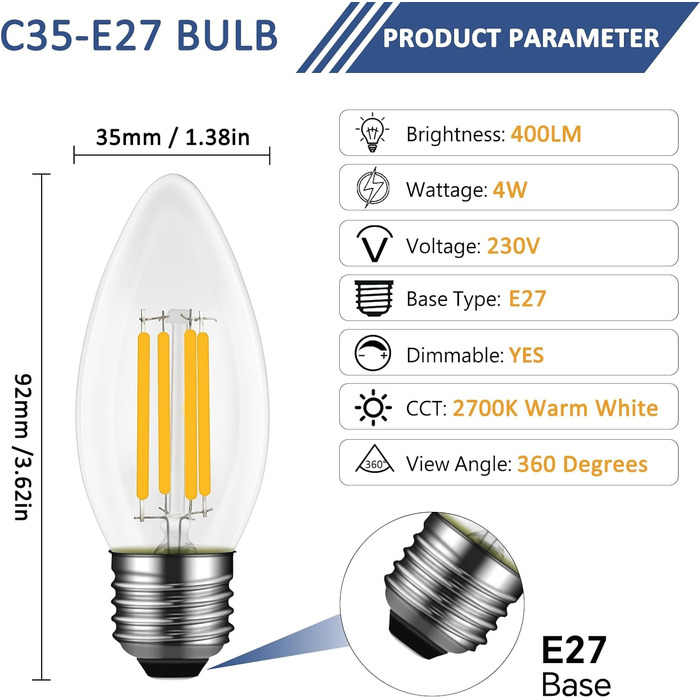 И E27 свічка LED лампа 4W з регулюванням яскравості, замінює лампи розжарювання 40W, теплий білий 2700K, 400LM, AC 220V-240V, C35 форма свічки, E27 нитка лампа, прозоре скло, для люстр, настінних світильників, 4 шт.