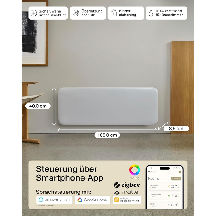 Електричний радіатор Mill Invisible WIFI 1300 Вт, розумний енергозберігаючий електричний обігрівач для 15-19 м, електричний радіатор для ванної кімнати, настінний обігрівач, електричний радіатор, розроблений у Норвегії - білий 15-19 м