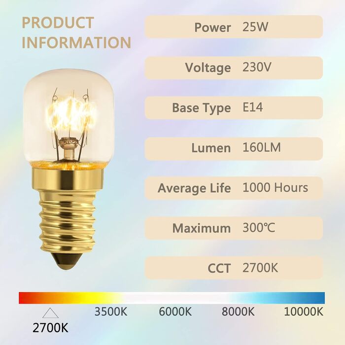 Лампа для духовки E14 230V, соляна лампа E14 T22 димована, теплий білий 2700K, термостійка до 300C, 160 люмен, для духовок, грилів, соляних ламп, мікрохвильовок, швейних машин, холодильників, 5 шт.