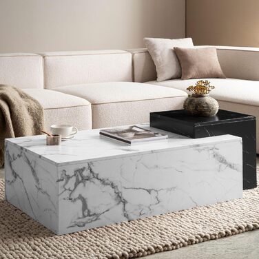 Журнальний столик FineBuy 120x60x40 см Білий Чорний Диванний столик з мармуровим виглядом Сучасний, Дизайнерський Прямокутний стіл для вітальні, Дворівневий журнальний столик, Великий журнальний столик